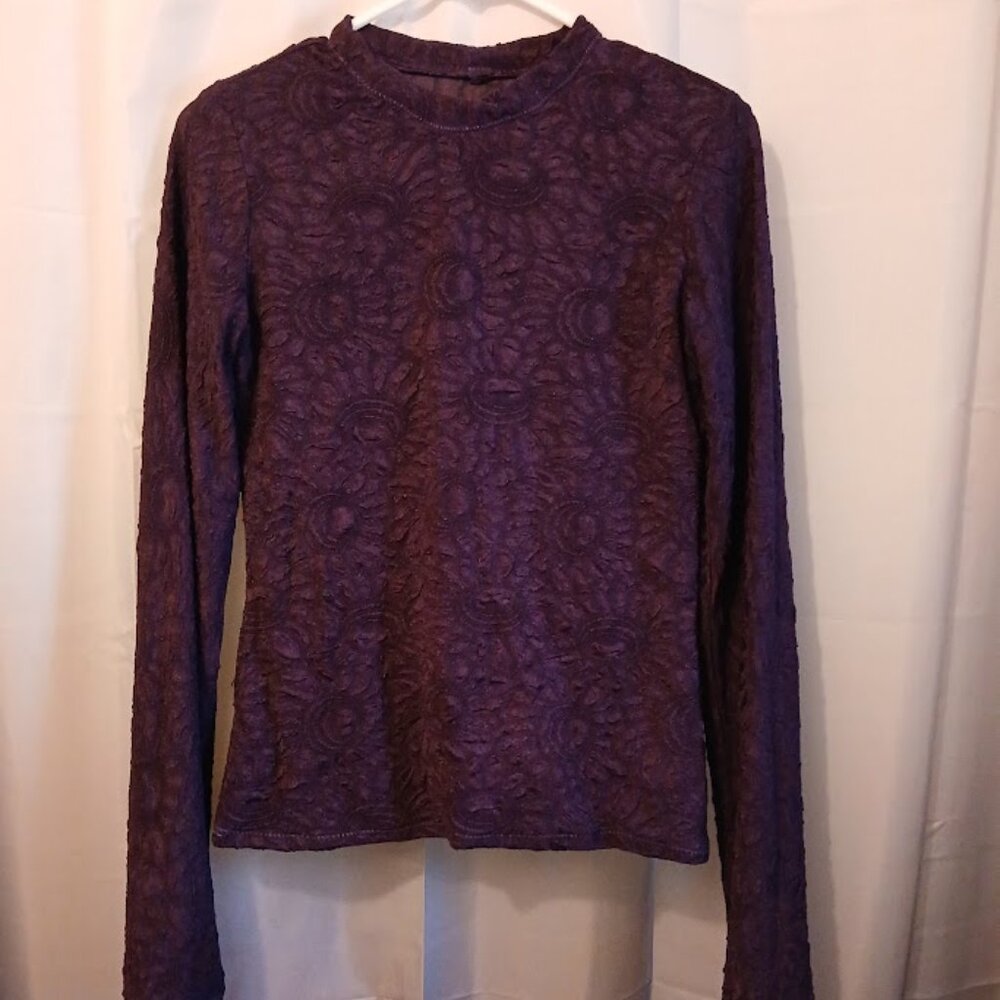 Nwt Crepe Knit Dressy T-shirt women XS DARK Plum Purple Daisy Floral crew neck